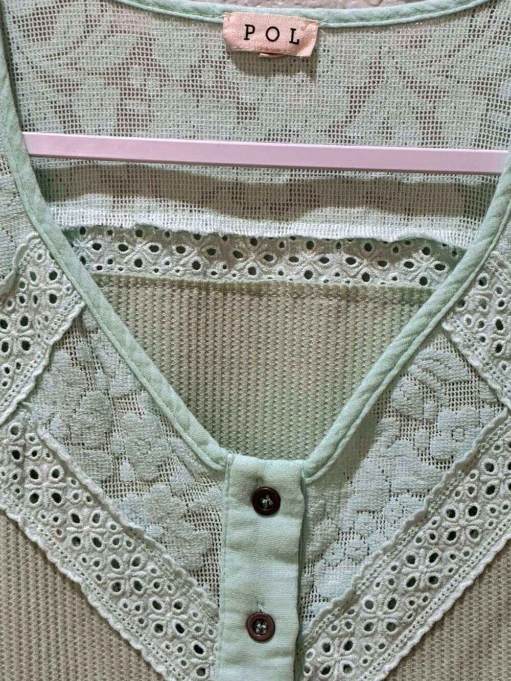 POL Mint Green Lace Ruffle Button Front Boho Cotton Peplum Top Medium - Picture 4 of 6